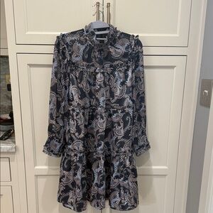 Cinq A Sept Navy and Light Blue Paisley Tiered Long-Sleeve Dress NWOT SZ 8